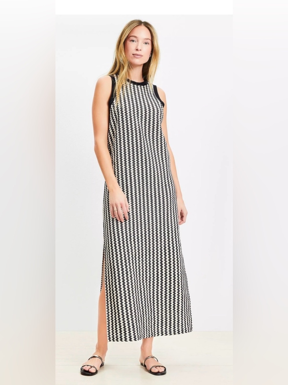 Ann Taylor LOFT Beach Zig Zag Crochet Sleeveless Black and Off White Midi Dress